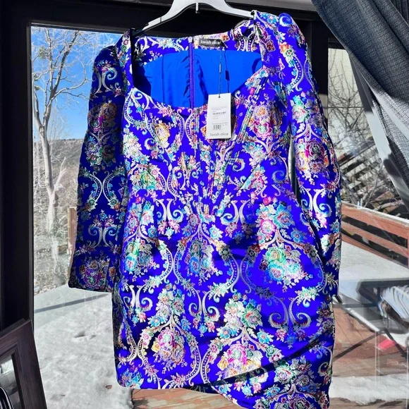 Lavish Alice: Jacquard Corset Embroidered Chinese Cobalt Wrap Mini Dress - Picture 8 of 13